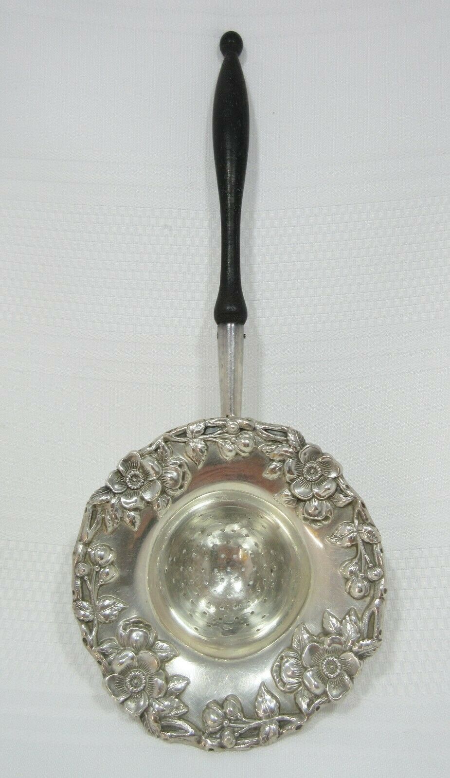 Antique Tea Strainer Sterling Silver Repousse Flowers Ebony Handle Whiting Mfg.